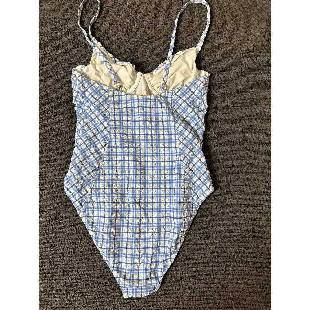 Tory Burch Check Plaid Gingham Swimsuit size M Underwire Blue White Seersucker